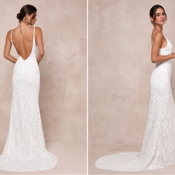 LULUS Bridal Wedding Elegant Sophisticated STUNNING Beaded Mermaid Gown - Picture 6 of 6
